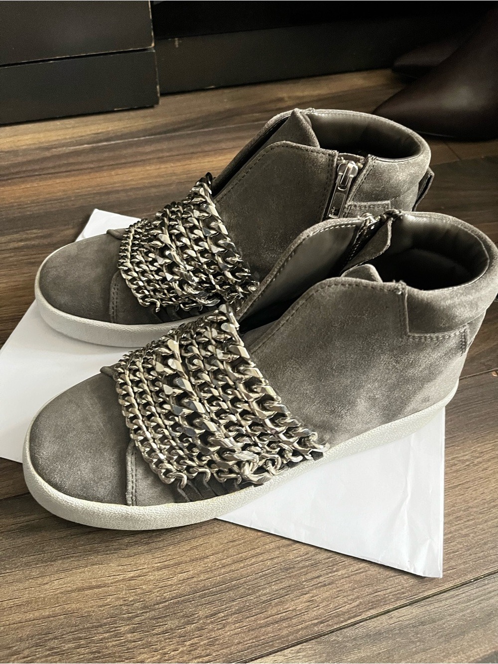Kendall + Kylie Gray Suede High-Top Sneakers with Silver Chain Detail Size 8